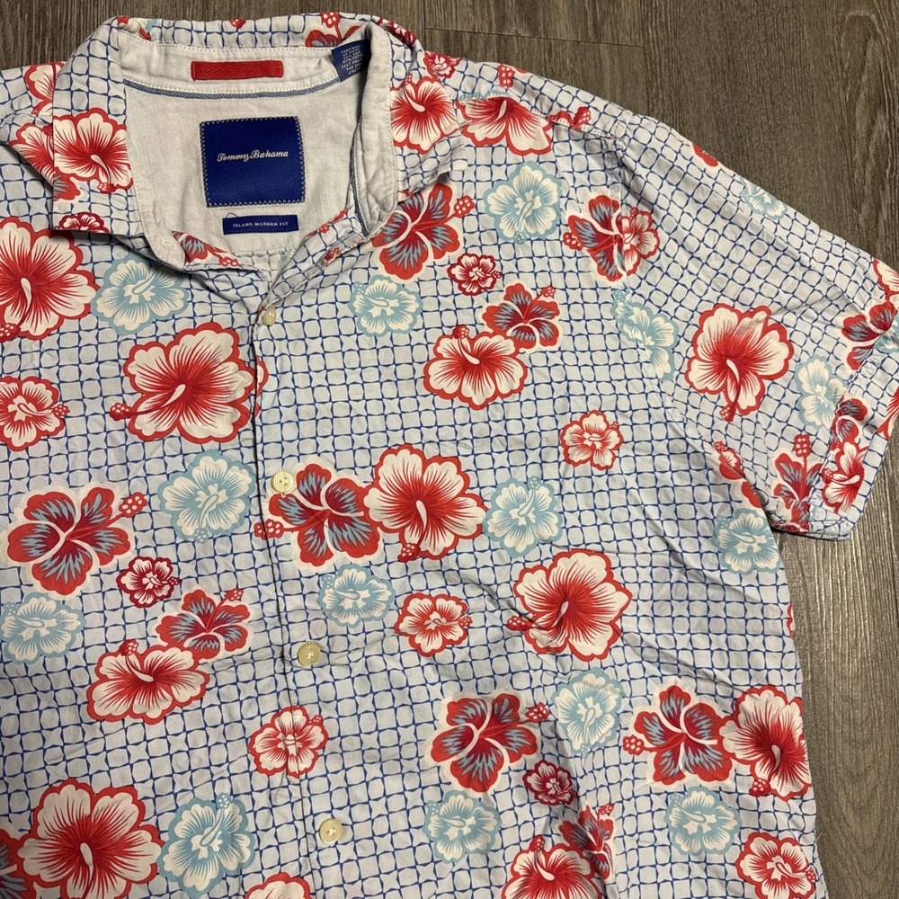 Tommy Bahama Shirt Mens XL Blue Floral Short Sleeve Button Hibiscus Silk Blend